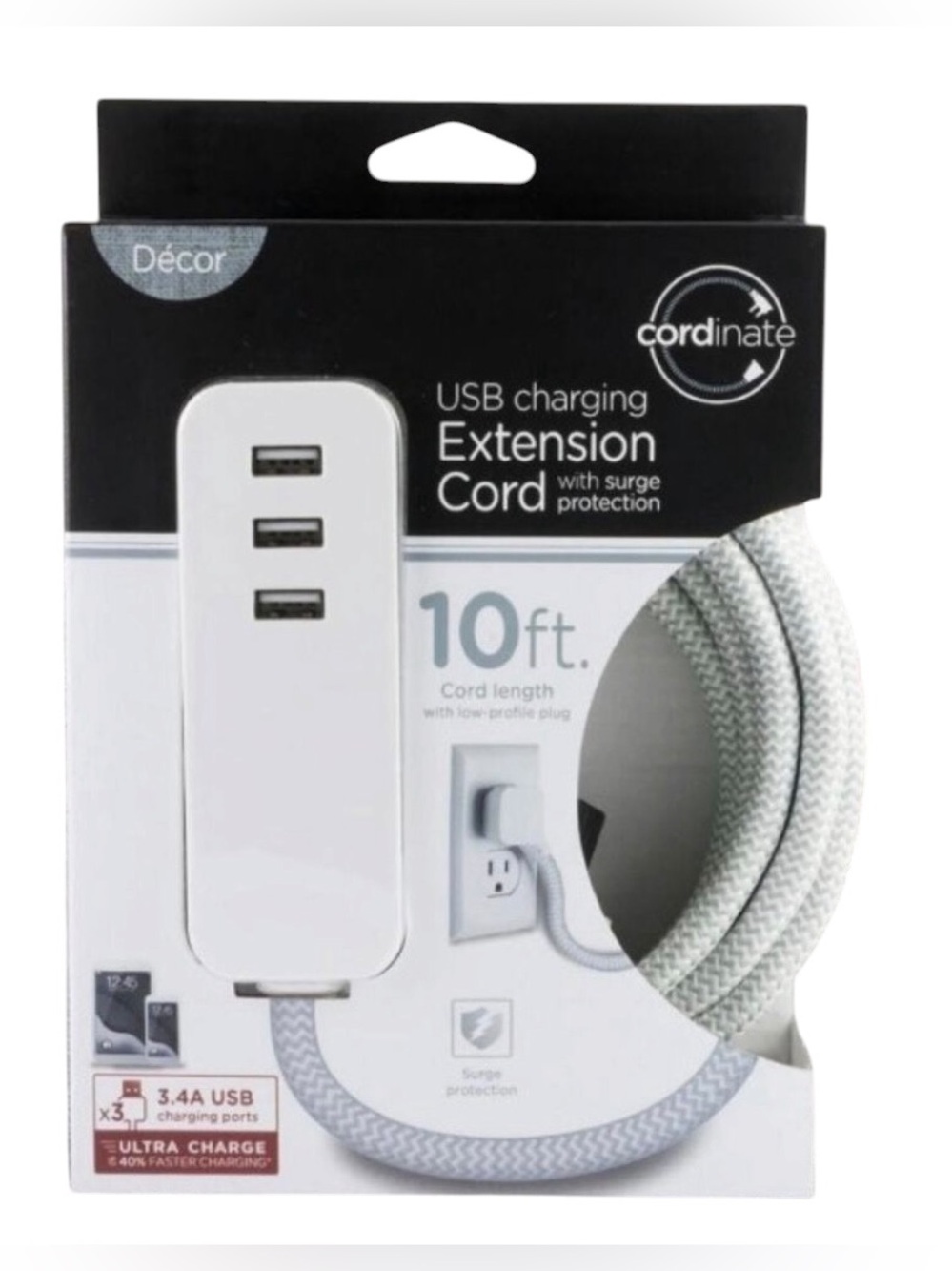 Coordinate USB Charging Extension Cord - White/Grey NEW